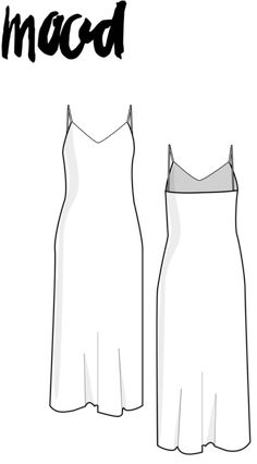 the front and back view of a white dress with spaghetti straps, which reads mead