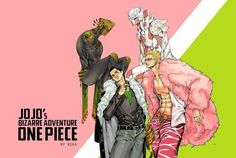 an image of some anime characters on a pink green and white background with the title jojo'd bizarre adventure one piece