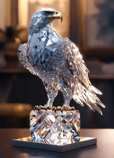 a crystal eagle statue sitting on top of a table