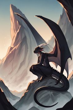 a black dragon sitting on top of a mountain