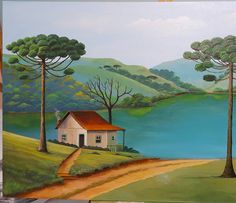 a painting of a house by the water with trees on either side and hills in the background