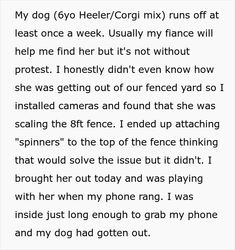 a poem written in black and white with the words, my dog o'heeler / corgi mix runs off at least one week