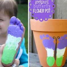 a child holding a potted plant with purple and green feet