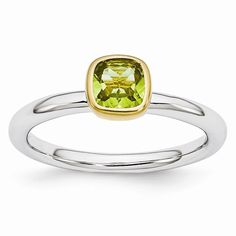 Featured atop a 2.25mm tarnish resistant rhodium-plated sterling silver band is a 5mm 0.7-carat cushion-cut genuine peridot bezel set in a yellow gold-tone plated low profile mounting. Color range varies on all natural stones so please allow for slight variations in shades. Guaranteed to fit together perfectly with all of the mix and match Stackable Expressions rings. Mothers Rings, Stacking Jewelry, Kids Jewellery, Store Earrings, Stack Rings, Birthstone Rings, Gold Rings Stackable, Bracelets Gold, Jewelry Personalized