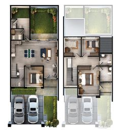 two floor plans with cars parked in the driveway