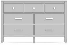 a gray dresser with six drawers and two doors on each side, in front of a white background