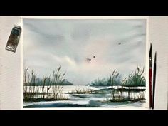 a watercolor painting of a lake with birds flying in the sky