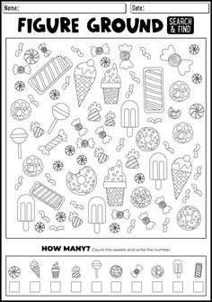 a black and white coloring page with candy themed items