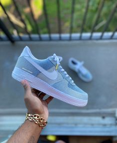 Custom Denim Air Force 1s - Kiaun's Customs Bedazzled Shoes, Air Force 1s, Nike Shoes Girls, Nike Fashion Shoes, Jordan Shoes Retro, Denim Sneakers, All Nike Shoes, Baskets Nike, Custom Denim