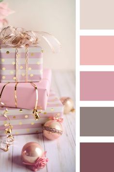 a pink and gold color scheme with gift boxes