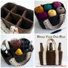 crochet purses and baskets are shown in four different pictures, including one with yarn