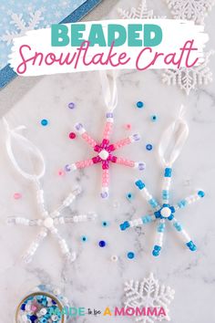 beaded snowflake ornament craft for kids to make with beads and glue