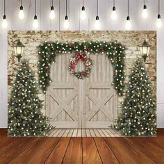 a wall hanging on the side of a brick building next to a wooden door covered in christmas decorations