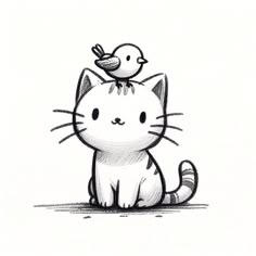 a drawing of a cat with a bird on its head