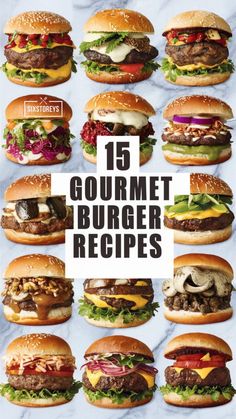 the cover of 15 gourmet burger recipes, including hamburgers and cheeseburgers