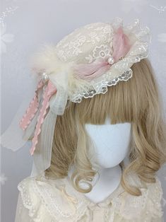 This price is for a mini hat only, others are not included. Beaded Bow, Mini Hat, Beaded Trim, Southern Belle, White Beige, Peaches, Lace Trim, Pink White, Blue And White