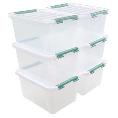 three plastic storage containers with green handles and lids on each side, stacked up against one another