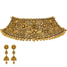 This beautiful 22k yellow gold Indian jewelry set features engraved details along the choker necklace and jhumka earrings to create an elaborate design of sophistication and elegance.Features• 22k yellow gold• Engraved detailsVirani Jewelers bridal jewelry made from 22k gold brings together the beauty and significance of Indian culture and traditions. Find more beautiful 22k gold Indian bridal like this choker necklace and jhumka earring set on our website.Specifications:• Minimum Necklace Width Gold Indian Jewelry, Indian Jewelry Set, Indian Culture And Tradition, Floral Choker, Gold Jewellry, Indian Jewelry Sets, Gold Bead Necklace, Indian Culture, Choker Necklace Set