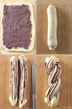 four pictures showing how to make a cake with chocolate frosting and white icing