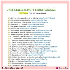 a poster with the words free cybersecuity certificates in different colors and sizes