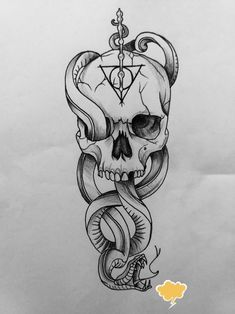 a drawing of a skull with a crown on it's head and snake around the neck