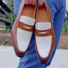 White and Brown Penny Loafer for Men Dress Shoes Mens Business Casual Shoes, Classic Clothes, Men Dress Shoes, Business Casual Shoes, Slip On Dress Shoes, Bespoke Shoes, Handmade Leather Shoes, Brogue Shoes, Leather Dress Shoes