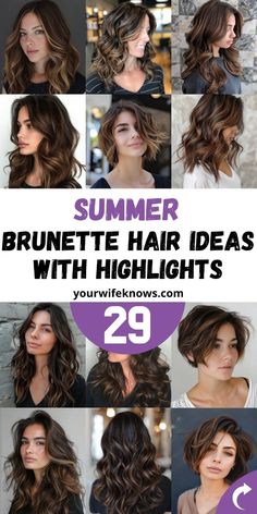 Summer is the perfect time for a hair makeover, and what better way to do it than with these 29 brunette hair highlights. From full highlights to face-framing techniques, these styles use shades like dark chocolate brown and caramel medium lengths to create a look that’s both sun-kissed and sophisticated. Summer Hair For Brunettes, Brunette Hair Highlights, Brunette Highlights Summer, Highlight Styles, Summer Brunette, Short Brunette Hair, Highlights For Dark Brown Hair