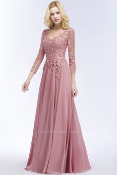 Pink V-neck Bridesmaid Dress, Pink V-neck Chiffon Prom Dress, Dream Costume, Long Sleeve Evening Dresses