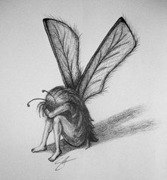 a pencil drawing of a fairy sitting on the ground