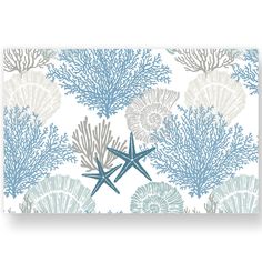 an ocean themed wallpaper with starfishs and corals on white, blue and gray