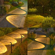 two different views of a pathway at night and in the day, with lights on