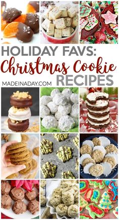 christmas cookie recipe collage with the words holiday faves and cookies in red, green,