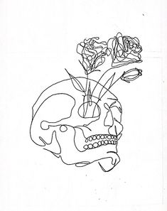 a drawing of a skull with flowers in it