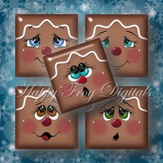 four square faces with different colored eyes and nose, on a blue snowflakes background