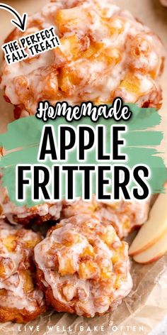 homemade apple fritters are stacked on top of each other