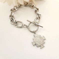 St. Benedict  Cross Bracelet, Wide Silver Bracelet, Toggle Clasp Bracelet, Catholic Bracelet, Saints Bracelet, Mom Catholic Gift Saints Bracelet, Chunky Charm Bracelet, St Benedict Cross, Catholic Bracelet, Womens Fashions, Toggle Clasp Bracelet, Catholic Saint, St Benedict, Saint Benedict