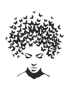 a woman's head with butterflies flying over her hair, in black and white