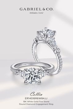 Showcasing a trifecta of glamorous gemstones, this 18K white gold engagement ring is an impeccable romantic symbol. ER14516R6W84JJ #Gabriel & Co #Gabriel Jewelry #Gabriel Engagement Ring #EngagementRings #WhiteGoldEngagementRings #RoundEngagementRings #ClassicEngagementRing #ThreeStoneEngagementRings #DiamondEngagementRing Gia Certified Classic Diamond Ring With Round Stone, Luxury 14k White Gold Diamond Ring With Round Stone, Engagement Rings Gabriel And Co, Luxury Multi-stone 14k White Gold Diamond Ring, Luxury Bridal Sets With Diamond Accents, Round Shape, Natural Diamond Engagement Ring, 3 Stone Rings, Round Engagement Rings, Heart Shaped Rings