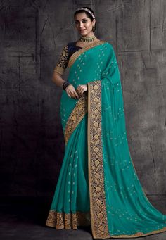 Turquoise silk saree with blouse 8311  Desc:  Color : Turquoise Fabric : Silk Wash Care : Dry clean Sleeve Style : Half Sleeve Long Sleeves : Done only in Custom Stitch Sleeves Lining : Done only in Custom Stitch Bust Size : 32 to 42 Inches Occasion : Festival   Diwali   Eid   Durga Pooja   Ganesh Charturthi   Dussehra. With Express Free Shipping and Custom Stitching, Buy Special silk Saree Party wedding wear dresses Turquoise silk saree with blouse 8311 online in USA, UK and Canada from KollyBo Blue Silk Saree, Turquoise Colour, Wedding Saree Collection, Turquoise Fabric, Border Saree, Indian Sarees Online, Lehenga Style, Embroidered Saree, Silk Saree Blouse