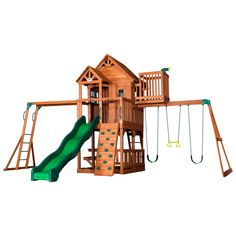 a wooden swing set with a green slide