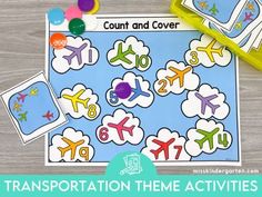 an airplane themed travel theme with the text, transportation theme activities for kids to count and cover