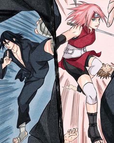 two anime characters one with pink hair and the other black