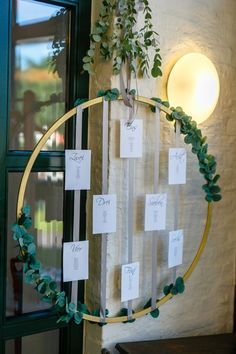 a circle hanging on the side of a building with notes attached to it's sides