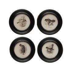 four plates with birds painted on them in black and white