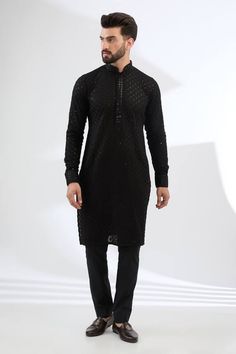 Black georgette kurta with thread and sequins embroidery. Comes with cotton silk pant. - Aza Fashions Eid Georgette Kurta With Sequins, Designer Georgette Kurta With Sequins, Designer Georgette Sequin Kurta, Diwali Georgette Sherwani With Resham Embroidery, Party Cotton Silk Kurta With Mirror Work, Bollywood Style Sequined Georgette Kurta, Long Sleeve Georgette Salwar Kameez With Sequins, Bollywood Style Georgette Sherwani For Diwali, Elegant Sequined Kurta For Navratri