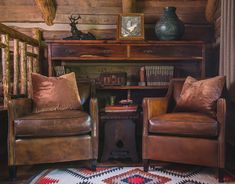 two leather chairs sitting in front of a wooden desk