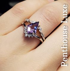 "DESCRIPTION Beautiful 2 piece set crafted from solid 925 sterling silver. Natural purple amethyst kite with brilliant & marquise cut white topaz accents. Both rings are stamped \"S925\". Guaranteed 100% authentic and no green fingers! All photos are real and unedited. SHIPPING We ship every day, Monday-Friday with the exception of weekends and post office holidays. Orders placed before 10am CST will be shipped same day 📦 RETURN POLICY We work extremely hard to ensure all items are accurately d Amethyst Wedding, Boho Crystal, Luxe Jewelry, Natural Gold, Ethical Jewelry, Square Diamond, Band Engagement Ring, February Birth Stone, Clothes Ideas