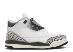 Grey toned Jordan 3’s with a white leather base. The toddler pairs have an elephant tag on the shoe. Grey And White Jordans, Jordans 3, Retro 3s, Summer Collection Men, Jordan 4’s, Jordan Retro 3, Jordan Yeezy, White Jordans, Jordan 9