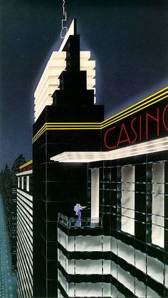 a man standing on top of a tall building next to a neon sign that reads casino