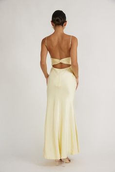 Sleeveless Satin Ruched Maxi Dress Open Back Twist Tie 100% Polyester Elegant Strapless Tie-back Dress For Night Out, Satin Maxi Dress With Tie Back For Prom, Satin Tie Back Maxi Prom Dress, Summer Tie-back Maxi Evening Dress, Beige Tie-back Maxi Dress, Yellow Maxi Dress, Ruched Maxi Dress, Yellow Maxi, Digital Fashion